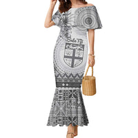 Vintage Bula Fiji Personalised Family Matching Mermaid Dress and Hawaiian Shirt Beige Hibiscus Tapa Pattern LT9 Mom's Dress White - Polynesian Pride