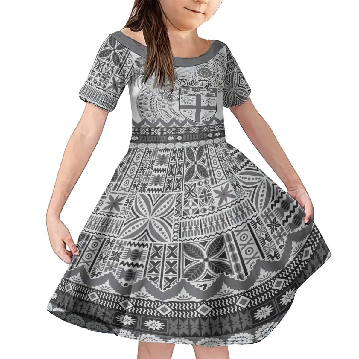Vintage Bula Fiji Personalised Family Matching Off The Shoulder Long Sleeve Dress and Hawaiian Shirt Beige Hibiscus Tapa Pattern LT9 Daughter's Dress White - Polynesian Pride