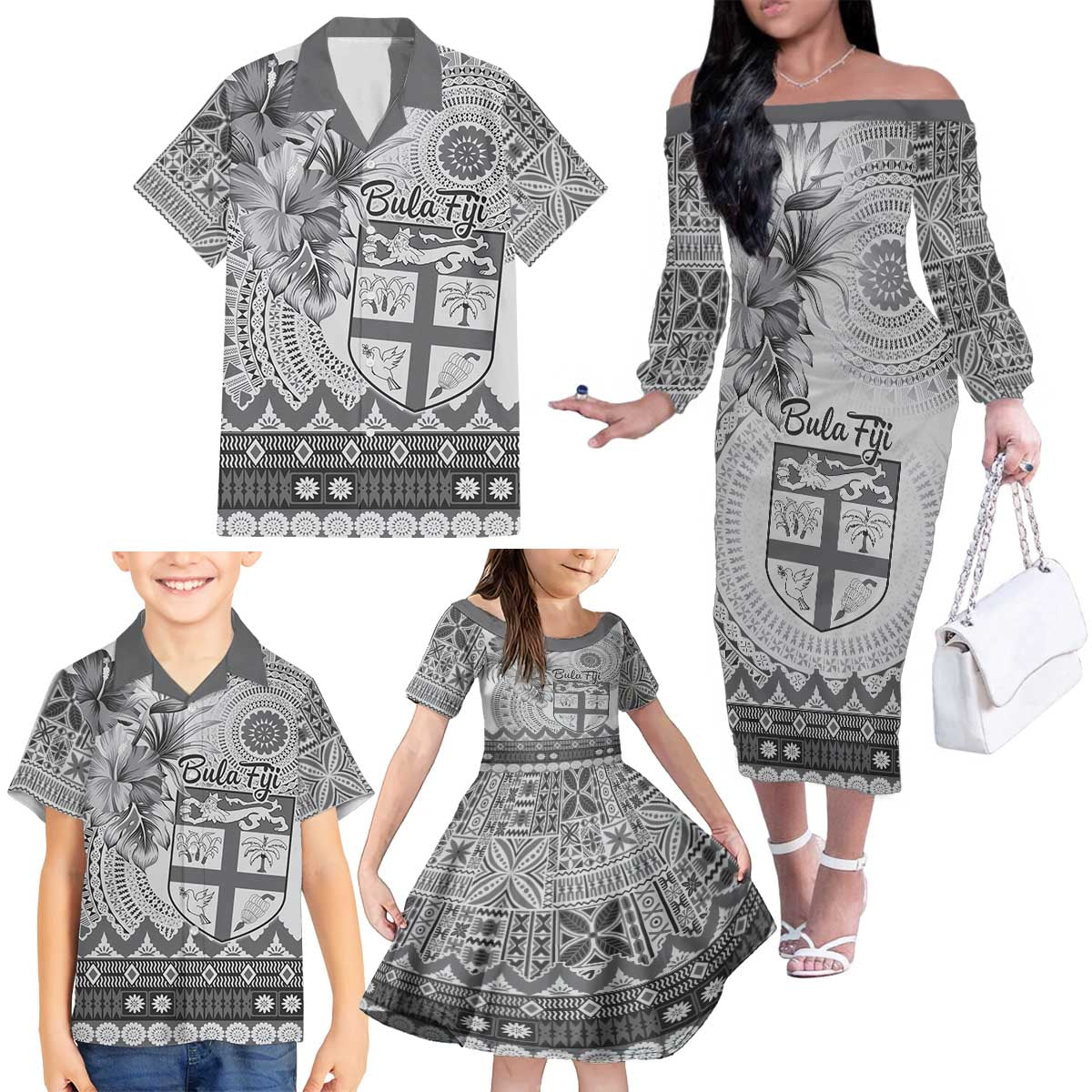 Vintage Bula Fiji Personalised Family Matching Off The Shoulder Long Sleeve Dress and Hawaiian Shirt Beige Hibiscus Tapa Pattern LT9 - Polynesian Pride