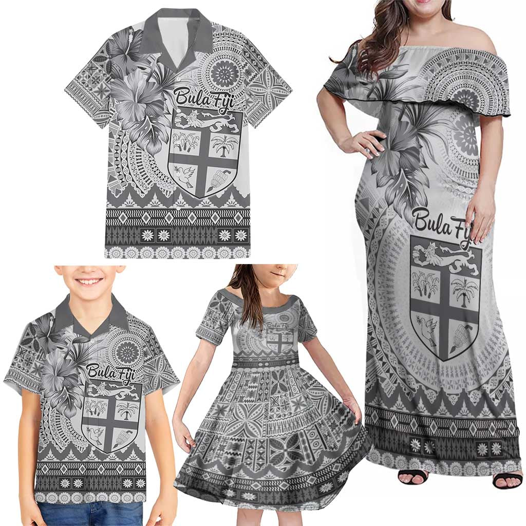 Vintage Bula Fiji Personalised Family Matching Off Shoulder Maxi Dress and Hawaiian Shirt Beige Hibiscus Tapa Pattern LT9 - Polynesian Pride