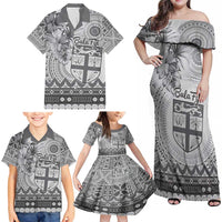 Vintage Bula Fiji Personalised Family Matching Off Shoulder Maxi Dress and Hawaiian Shirt Beige Hibiscus Tapa Pattern LT9 - Polynesian Pride