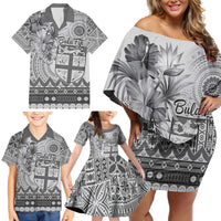 Vintage Bula Fiji Personalised Family Matching Off Shoulder Short Dress and Hawaiian Shirt Beige Hibiscus Tapa Pattern LT9 - Polynesian Pride