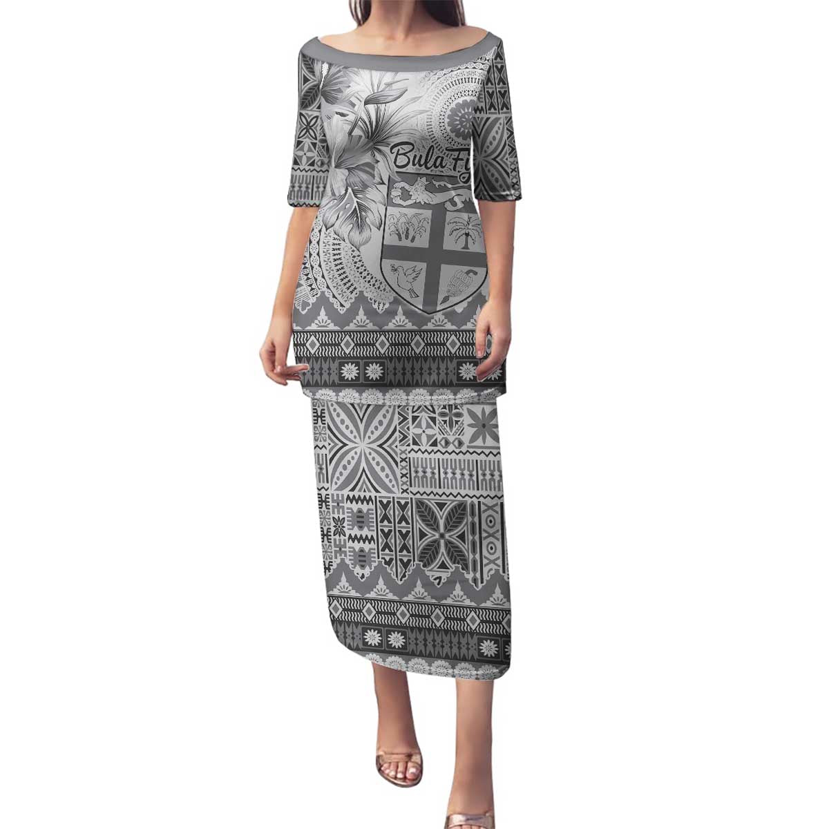 Vintage Bula Fiji Personalised Family Matching Puletasi and Hawaiian Shirt Beige Hibiscus Tapa Pattern LT9 Mom's Dress White - Polynesian Pride