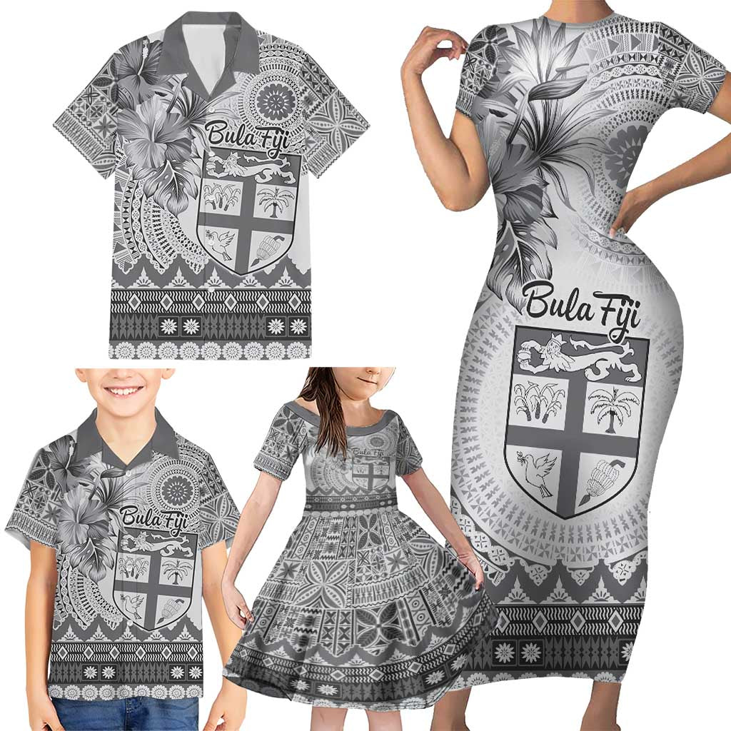 Vintage Bula Fiji Personalised Family Matching Short Sleeve Bodycon Dress and Hawaiian Shirt Beige Hibiscus Tapa Pattern LT9 - Polynesian Pride