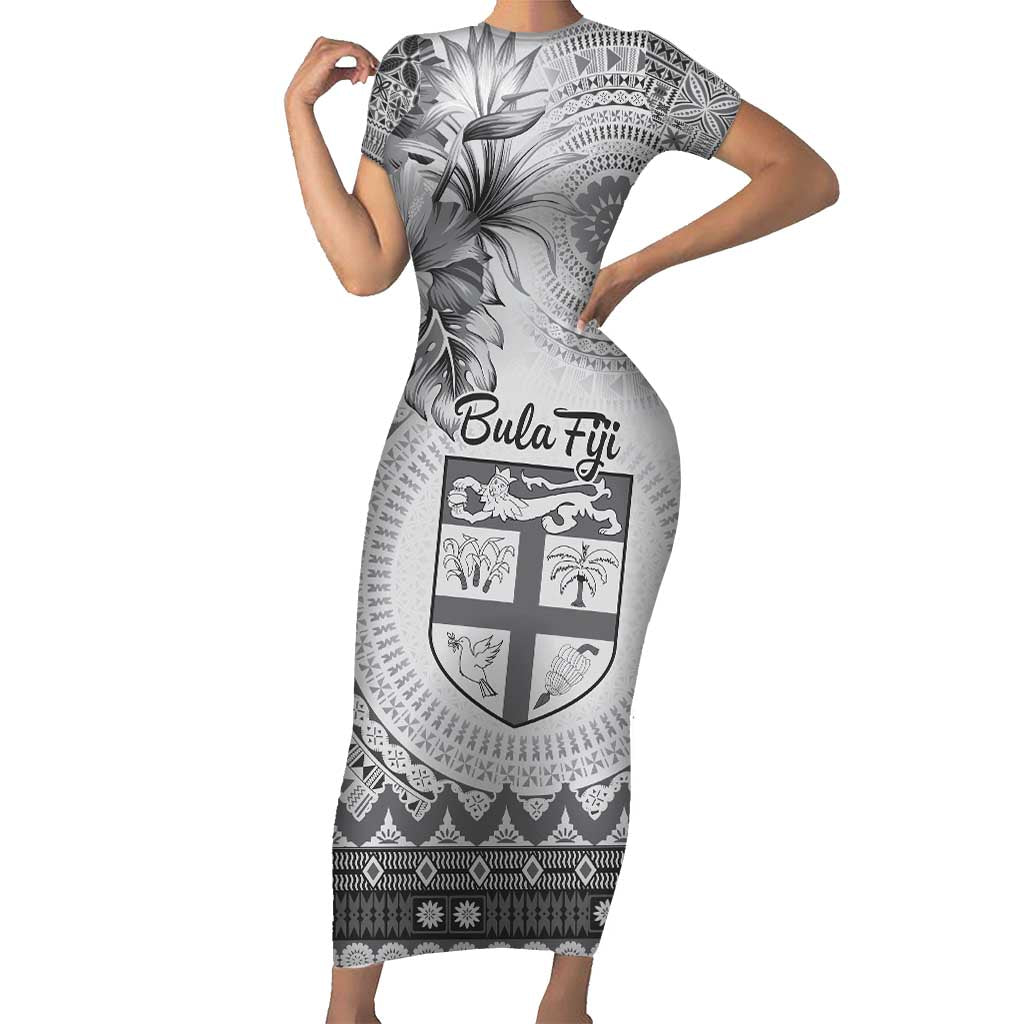 Vintage Bula Fiji Personalised Family Matching Short Sleeve Bodycon Dress and Hawaiian Shirt Beige Hibiscus Tapa Pattern LT9 Mom's Dress White - Polynesian Pride