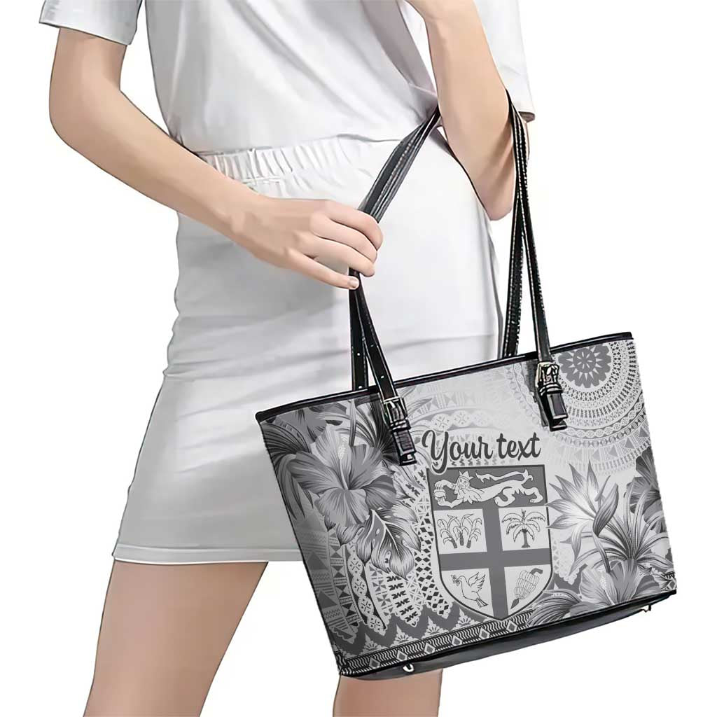Vintage Bula Fiji Personalised Leather Tote Bag Beige Hibiscus Tapa Pattern LT9