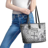 Vintage Bula Fiji Personalised Leather Tote Bag Beige Hibiscus Tapa Pattern LT9