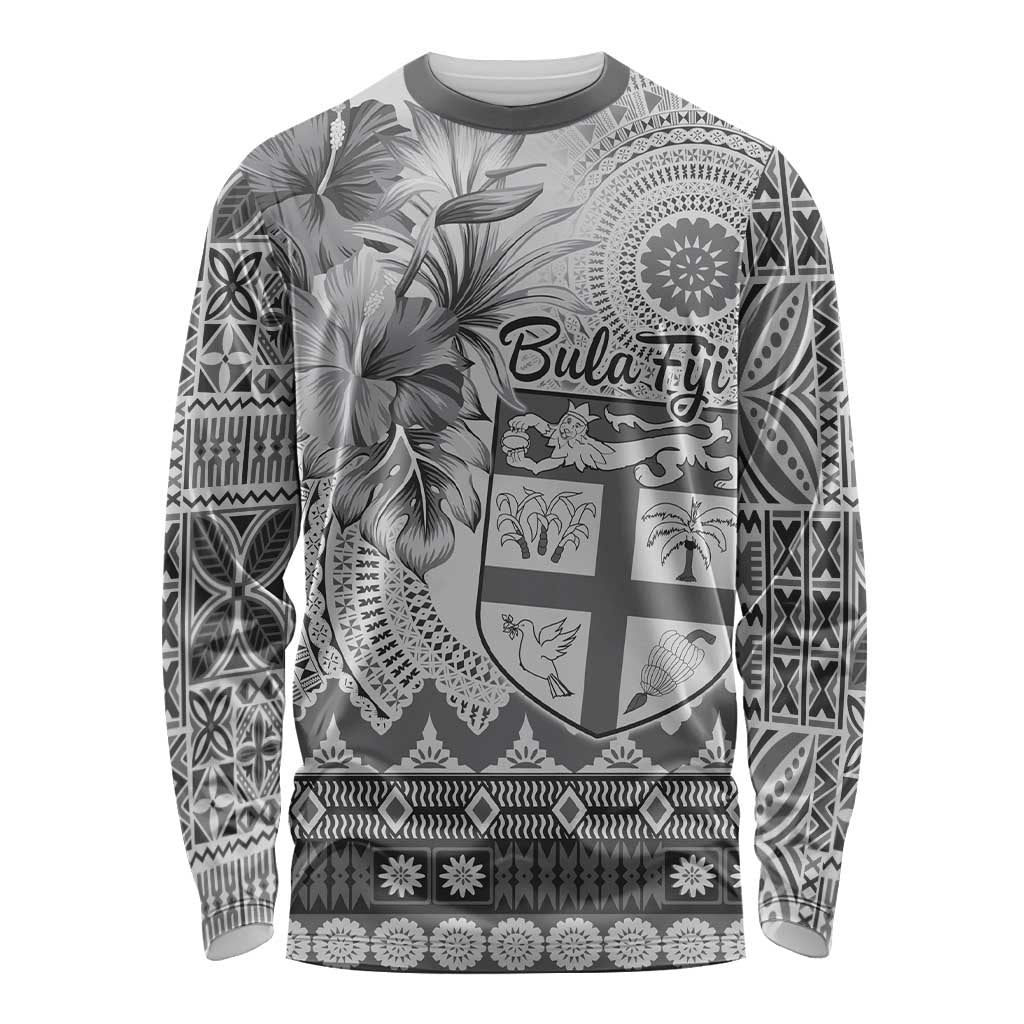 Vintage Bula Fiji Personalised Long Sleeve Shirt Beige Hibiscus Tapa Pattern LT9 Unisex White - Polynesian Pride