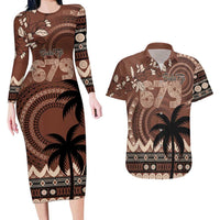 Personalised Bula Fiji 679 Couples Matching Long Sleeve Bodycon Dress and Hawaiian Shirt Fijian Tagimoucia Masi Tapa Art LT9 Brown - Polynesian Pride