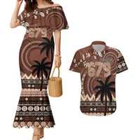 Personalised Bula Fiji 679 Couples Matching Mermaid Dress and Hawaiian Shirt Fijian Tagimoucia Masi Tapa Art LT9 Brown - Polynesian Pride