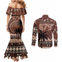 Personalised Bula Fiji 679 Couples Matching Mermaid Dress and Long Sleeve Button Shirt Fijian Tagimoucia Masi Tapa Art LT9 - Polynesian Pride