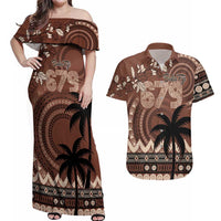 Personalised Bula Fiji 679 Couples Matching Off Shoulder Maxi Dress and Hawaiian Shirt Fijian Tagimoucia Masi Tapa Art LT9 Brown - Polynesian Pride