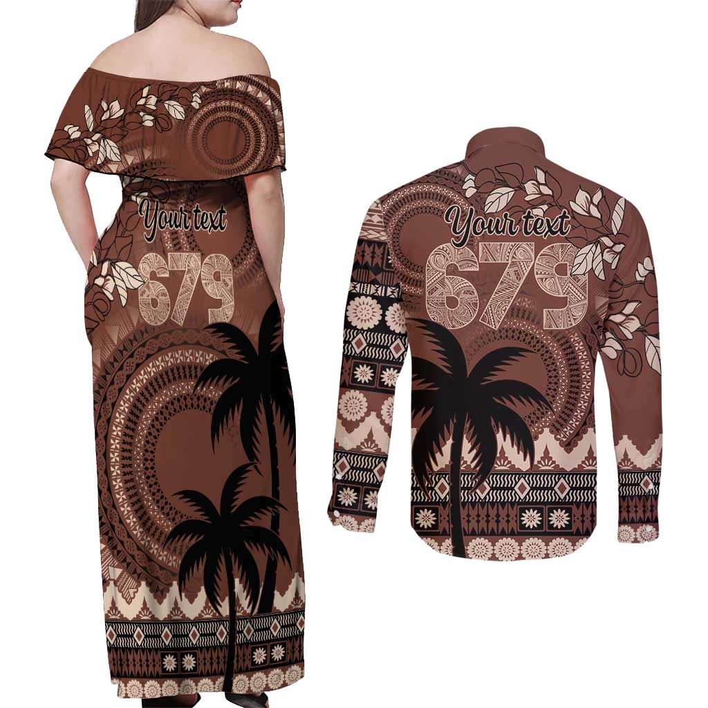 Personalised Bula Fiji 679 Couples Matching Off Shoulder Maxi Dress and Long Sleeve Button Shirt Fijian Tagimoucia Masi Tapa Art LT9 - Polynesian Pride