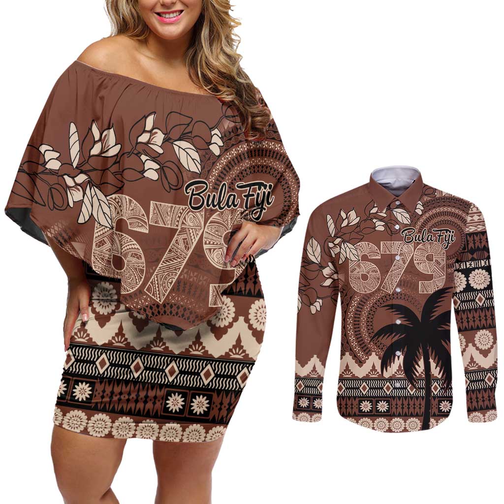 Personalised Bula Fiji 679 Couples Matching Off Shoulder Short Dress and Long Sleeve Button Shirt Fijian Tagimoucia Masi Tapa Art LT9 Brown - Polynesian Pride