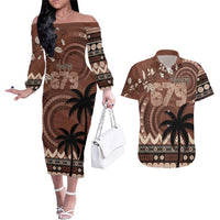 Personalised Bula Fiji 679 Couples Matching Off The Shoulder Long Sleeve Dress and Hawaiian Shirt Fijian Tagimoucia Masi Tapa Art LT9 Brown - Polynesian Pride