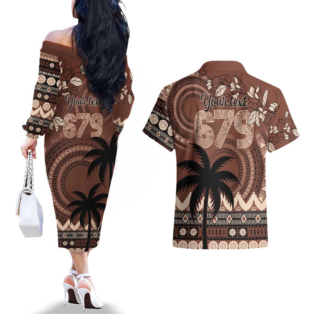Personalised Bula Fiji 679 Couples Matching Off The Shoulder Long Sleeve Dress and Hawaiian Shirt Fijian Tagimoucia Masi Tapa Art LT9 - Polynesian Pride