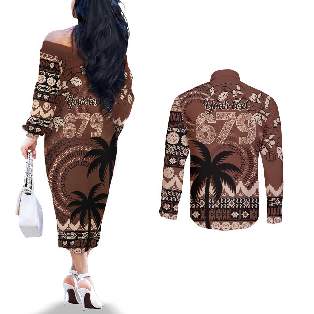Personalised Bula Fiji 679 Couples Matching Off The Shoulder Long Sleeve Dress and Long Sleeve Button Shirt Fijian Tagimoucia Masi Tapa Art LT9 - Polynesian Pride