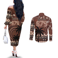 Personalised Bula Fiji 679 Couples Matching Off The Shoulder Long Sleeve Dress and Long Sleeve Button Shirt Fijian Tagimoucia Masi Tapa Art LT9 - Polynesian Pride