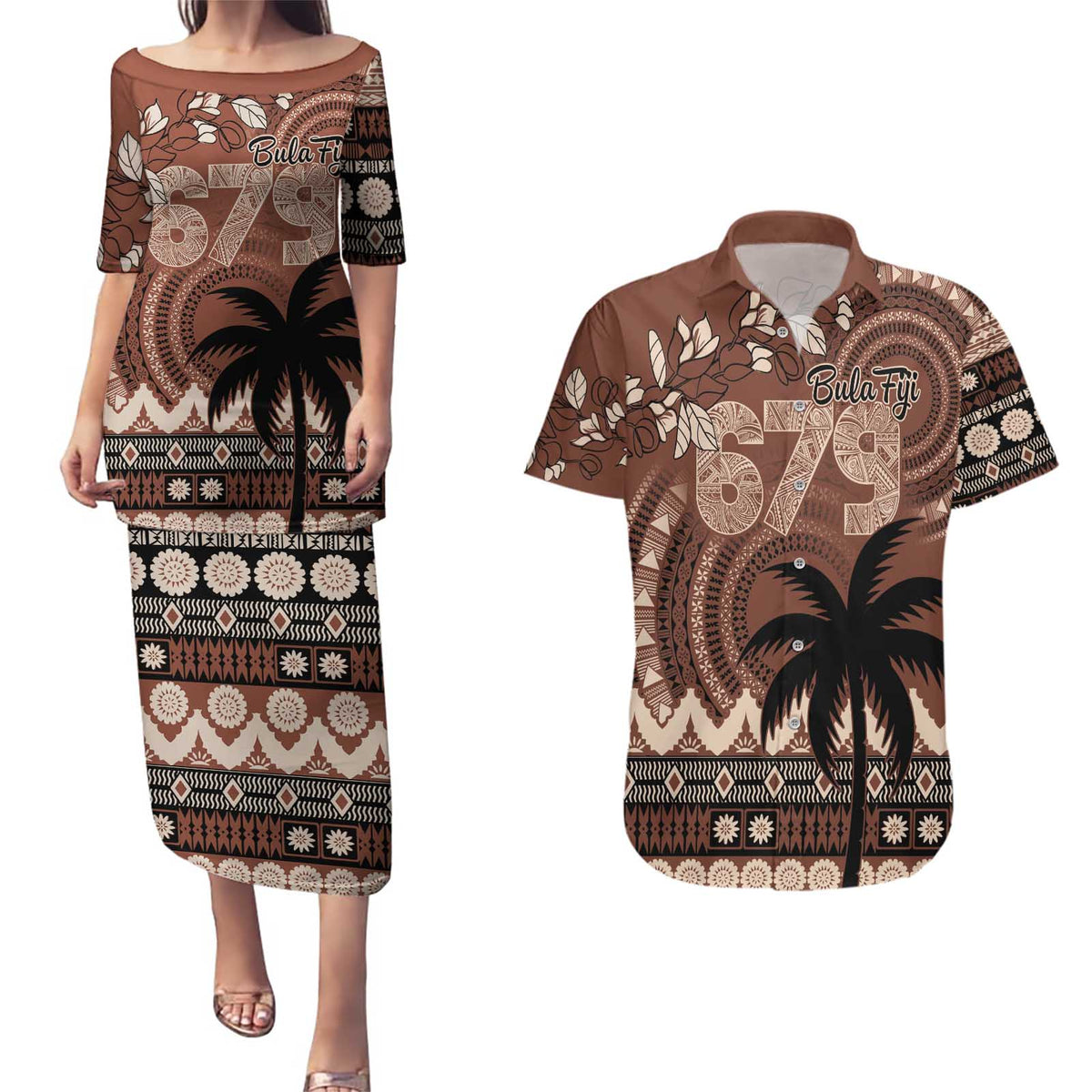 Personalised Bula Fiji 679 Couples Matching Puletasi and Hawaiian Shirt Fijian Tagimoucia Masi Tapa Art LT9 Brown - Polynesian Pride
