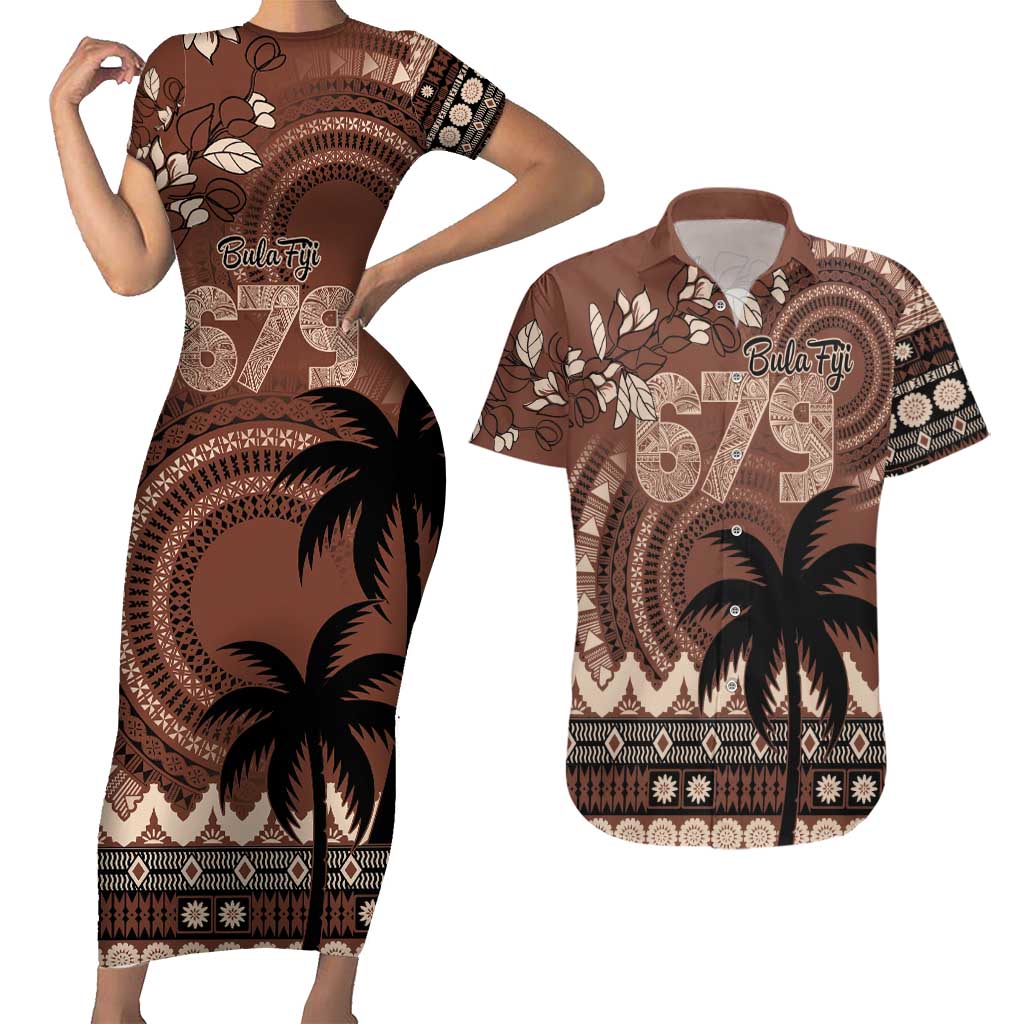 Personalised Bula Fiji 679 Couples Matching Short Sleeve Bodycon Dress and Hawaiian Shirt Fijian Tagimoucia Masi Tapa Art LT9 Brown - Polynesian Pride