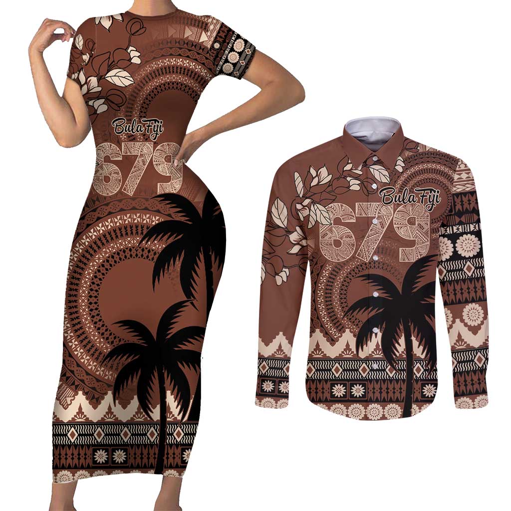 Personalised Bula Fiji 679 Couples Matching Short Sleeve Bodycon Dress and Long Sleeve Button Shirt Fijian Tagimoucia Masi Tapa Art LT9 Brown - Polynesian Pride