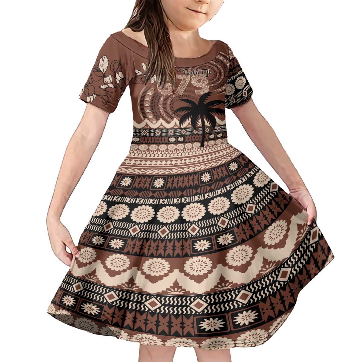 Personalised Bula Fiji 679 Family Matching Off The Shoulder Long Sleeve Dress and Hawaiian Shirt Fijian Tagimoucia Masi Tapa Art LT9 Daughter's Dress Brown - Polynesian Pride