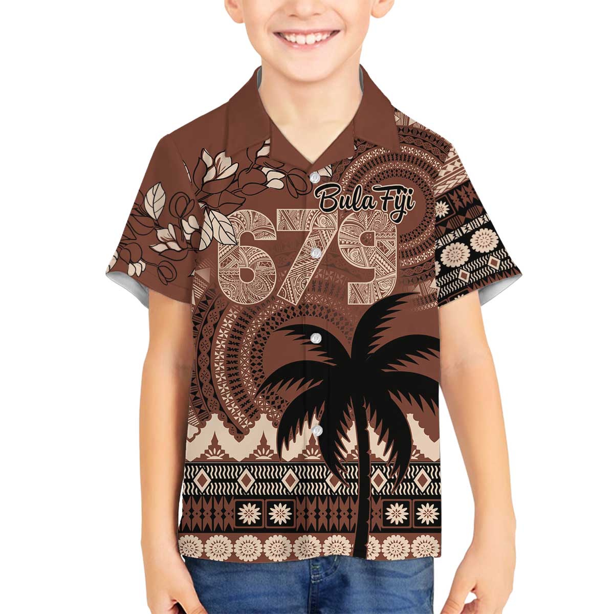 Personalised Bula Fiji 679 Family Matching Off The Shoulder Long Sleeve Dress and Hawaiian Shirt Fijian Tagimoucia Masi Tapa Art LT9 Son's Shirt Brown - Polynesian Pride