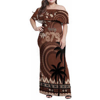 Personalised Bula Fiji 679 Family Matching Off Shoulder Maxi Dress and Hawaiian Shirt Fijian Tagimoucia Masi Tapa Art LT9 Mom's Dress Brown - Polynesian Pride