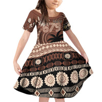 Personalised Bula Fiji 679 Family Matching Off Shoulder Short Dress and Hawaiian Shirt Fijian Tagimoucia Masi Tapa Art LT9 Daughter's Dress Brown - Polynesian Pride