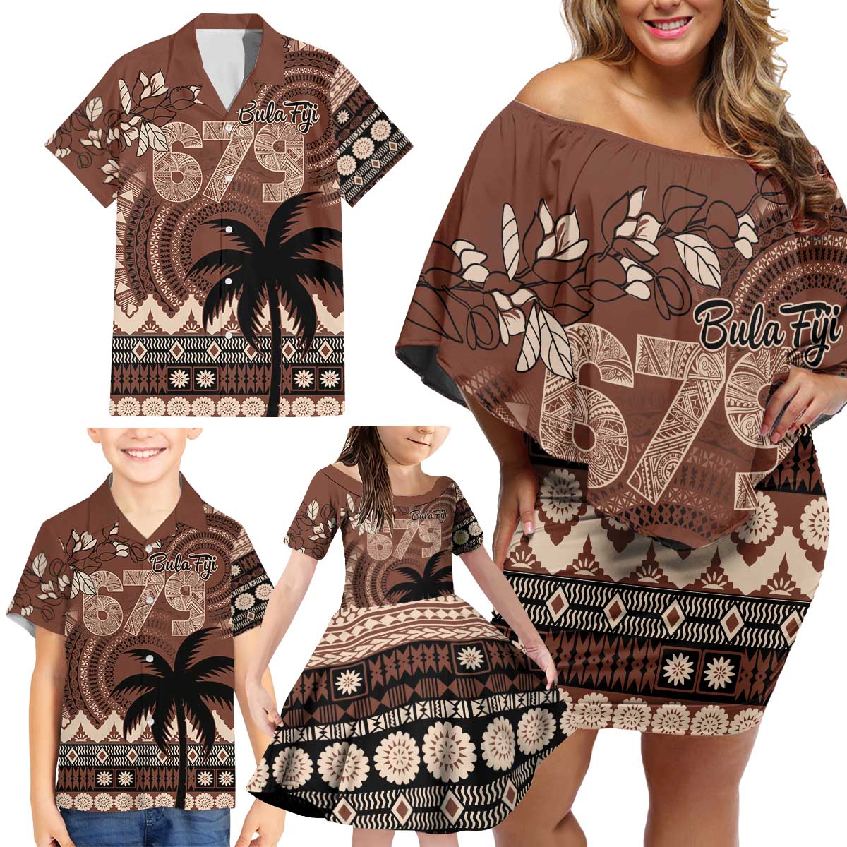 Personalised Bula Fiji 679 Family Matching Off Shoulder Short Dress and Hawaiian Shirt Fijian Tagimoucia Masi Tapa Art LT9 - Polynesian Pride