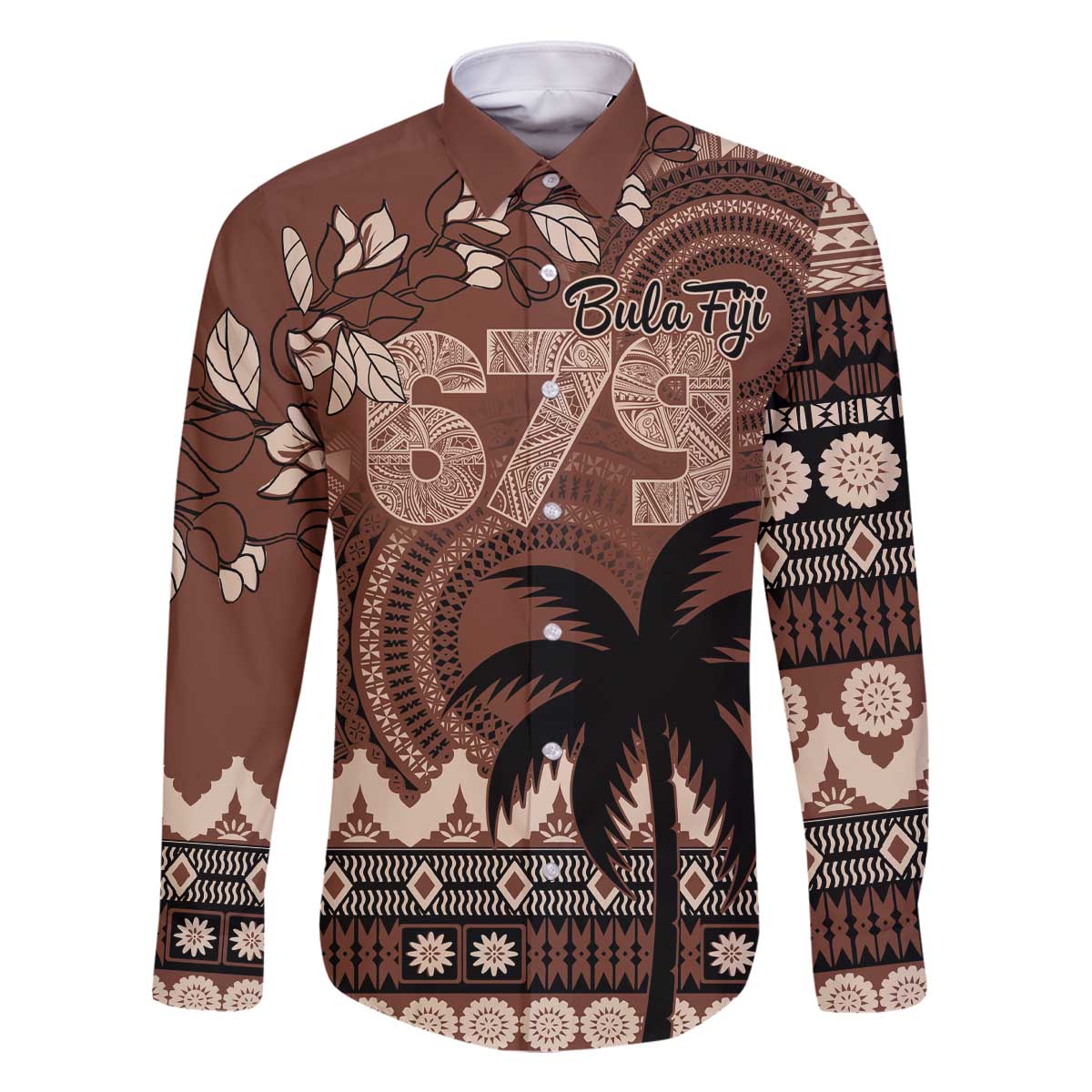 Personalised Bula Fiji 679 Family Matching Off Shoulder Short Dress and Hawaiian Shirt Fijian Tagimoucia Masi Tapa Art LT9 Dad's Shirt - Long Sleeve Brown - Polynesian Pride