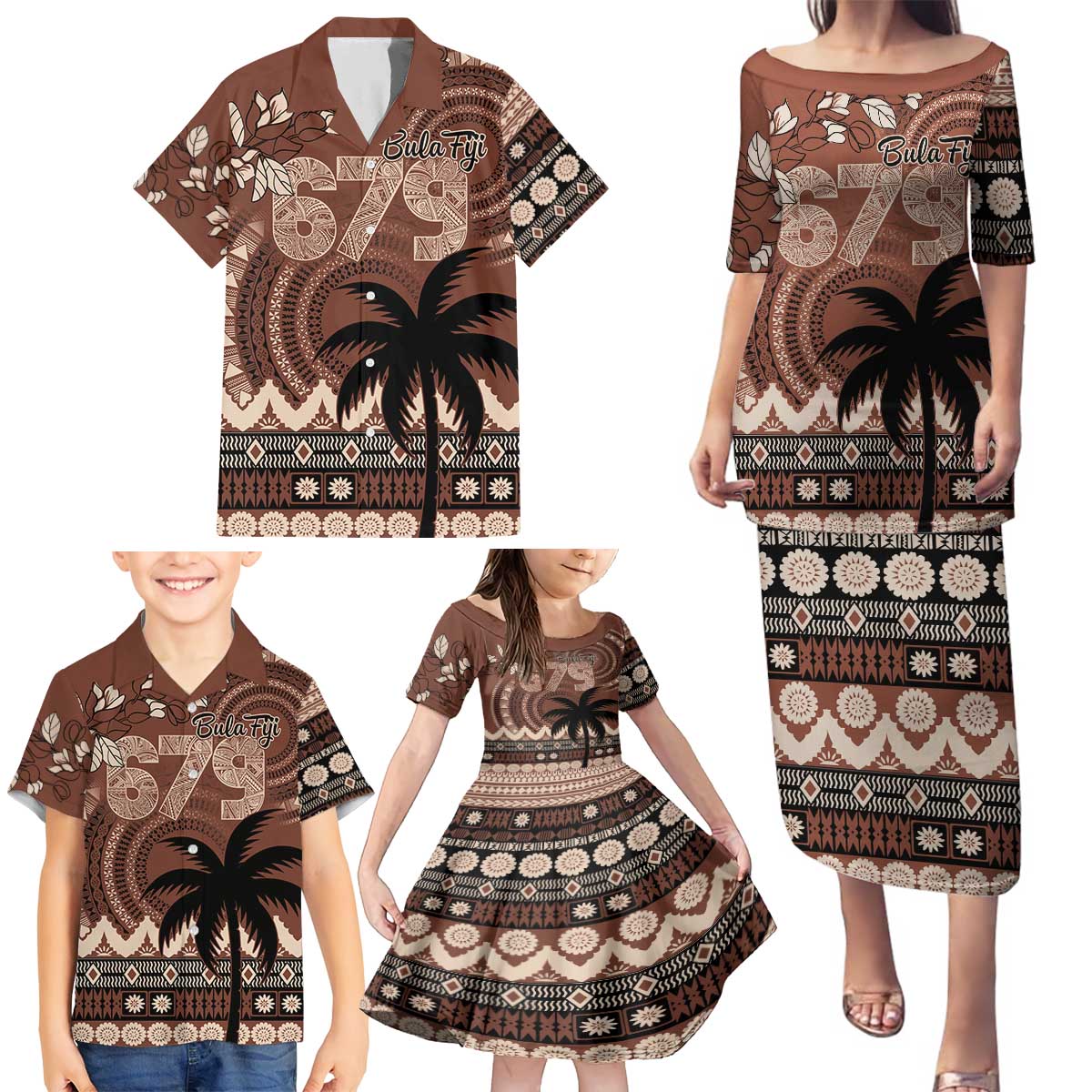 Personalised Bula Fiji 679 Family Matching Puletasi and Hawaiian Shirt Fijian Tagimoucia Masi Tapa Art LT9 - Polynesian Pride
