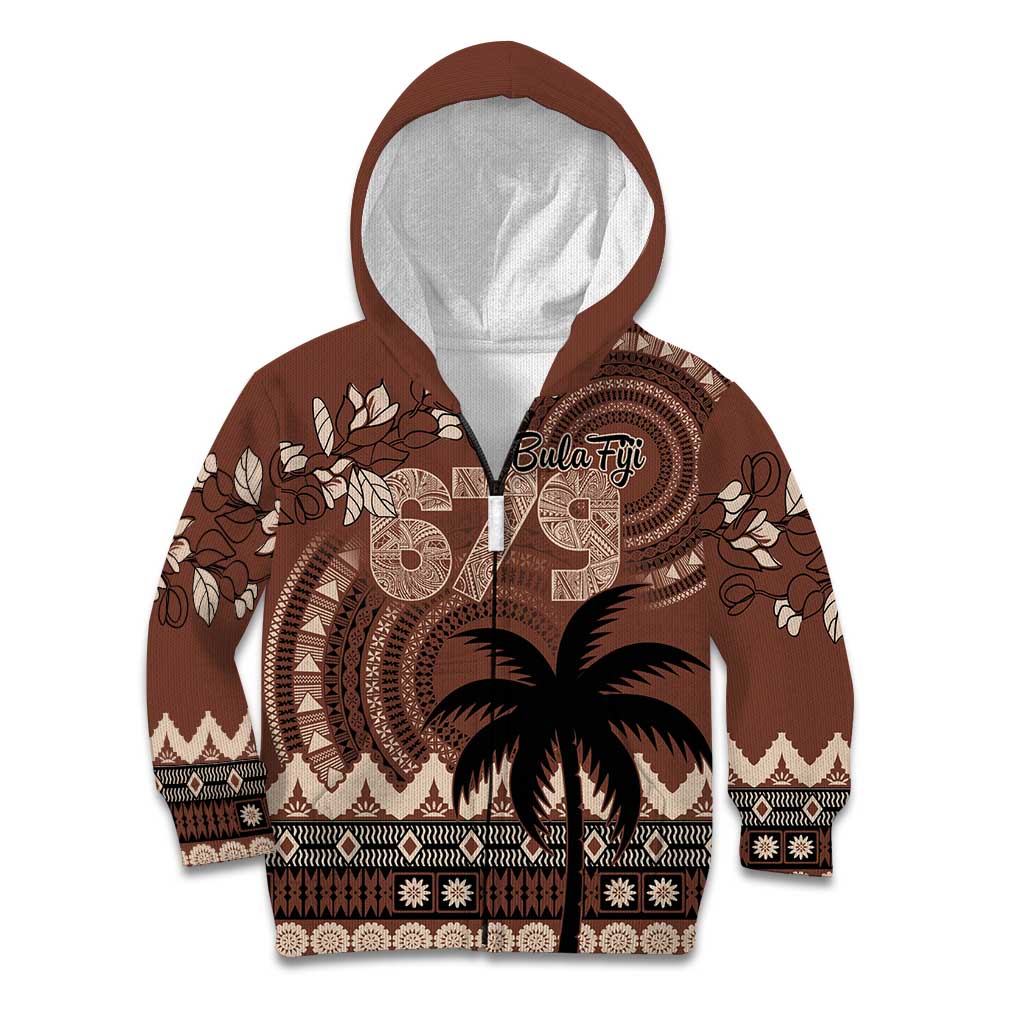 Personalised Bula Fiji 679 Kid Hoodie Fijian Tagimoucia Masi Tapa Art LT9 Zip Hoodie Brown - Polynesian Pride