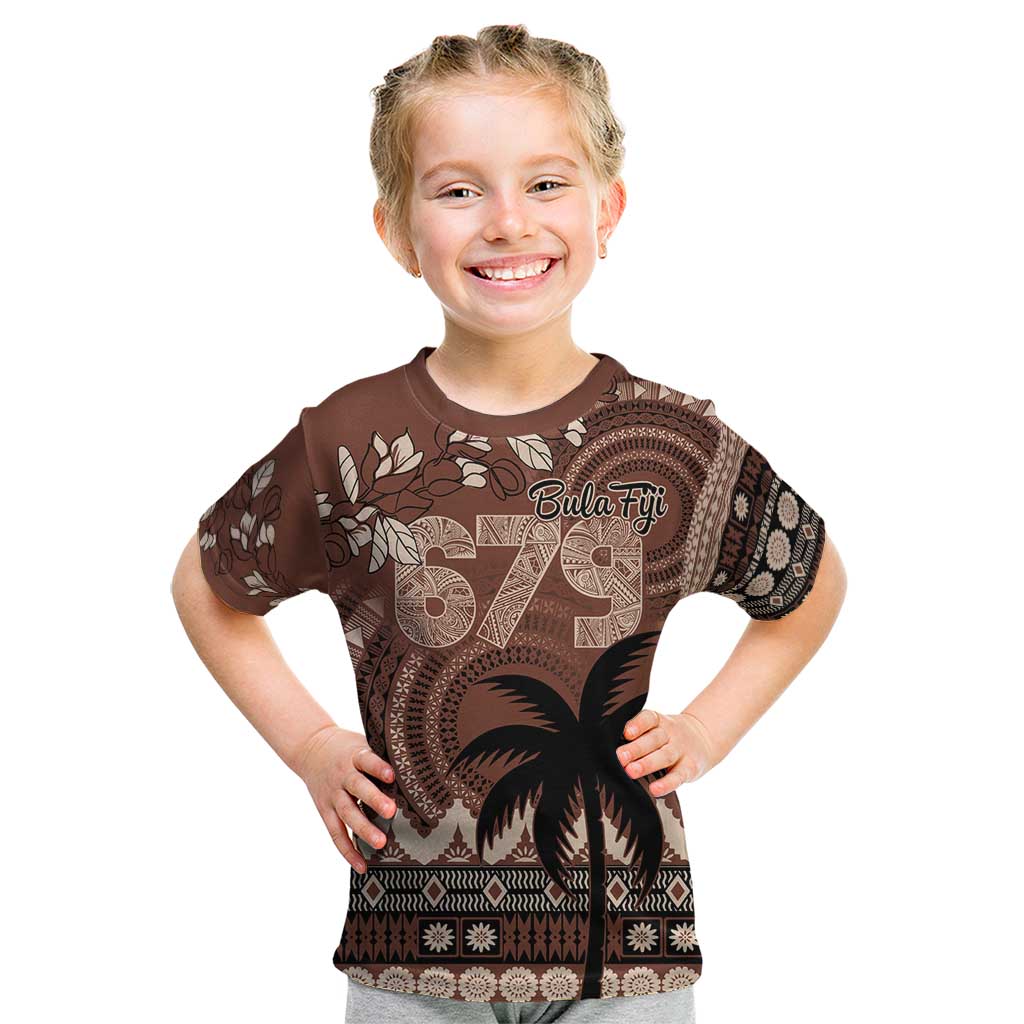 Personalised Bula Fiji 679 Kid T Shirt Fijian Tagimoucia Masi Tapa Art LT9 Brown - Polynesian Pride
