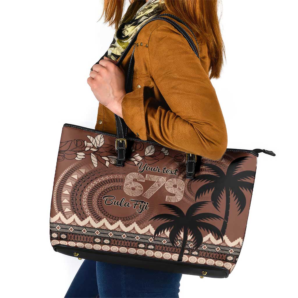 Personalised Bula Fiji 679 Leather Tote Bag Fijian Tagimoucia Masi Tapa Art LT9 Brown - Polynesian Pride