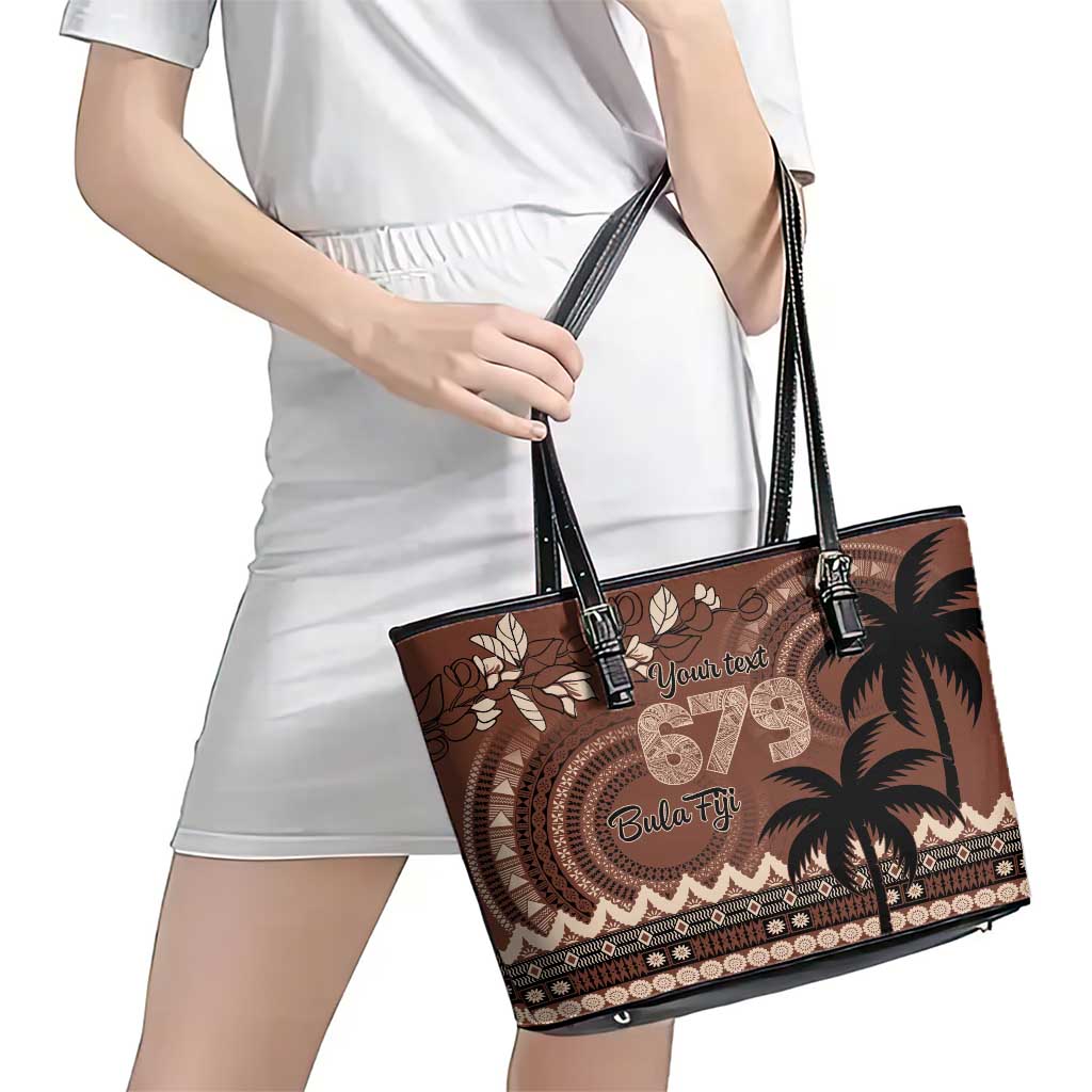 Personalised Bula Fiji 679 Leather Tote Bag Fijian Tagimoucia Masi Tapa Art LT9 - Polynesian Pride