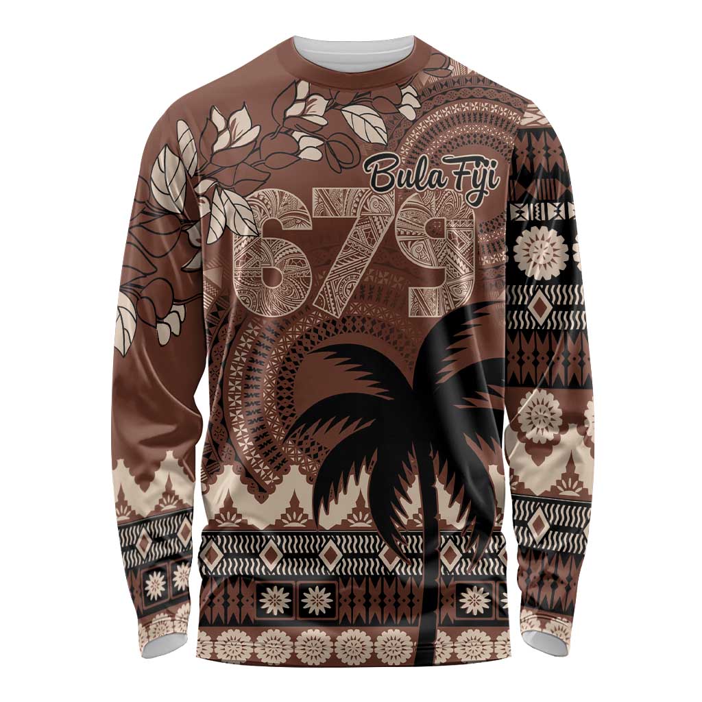Personalised Bula Fiji 679 Long Sleeve Shirt Fijian Tagimoucia Masi Tapa Art LT9 Unisex Brown - Polynesian Pride