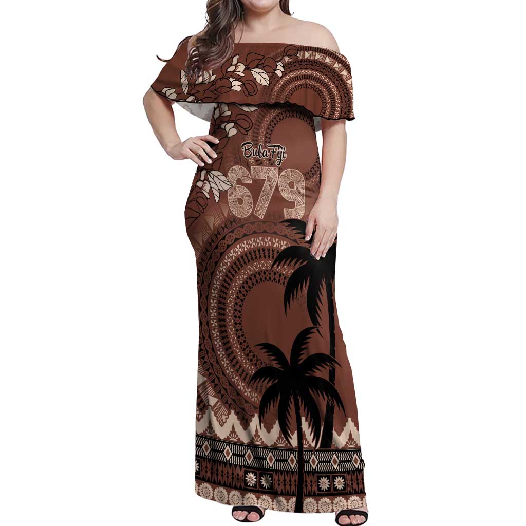 Personalised Bula Fiji 679 Off Shoulder Maxi Dress Fijian Tagimoucia Masi Tapa Art LT9 Women Brown - Polynesian Pride