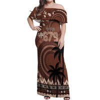 Personalised Bula Fiji 679 Off Shoulder Maxi Dress Fijian Tagimoucia Masi Tapa Art LT9 Women Brown - Polynesian Pride