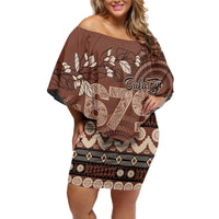 Personalised Bula Fiji 679 Off Shoulder Short Dress Fijian Tagimoucia Masi Tapa Art LT9 Women Brown - Polynesian Pride