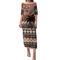 Personalised Bula Fiji 679 Puletasi Fijian Tagimoucia Masi Tapa Art LT9 Long Dress Brown - Polynesian Pride