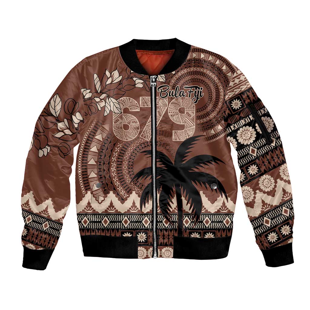 Personalised Bula Fiji 679 Sleeve Zip Bomber Jacket Fijian Tagimoucia Masi Tapa Art LT9 Unisex Brown - Polynesian Pride