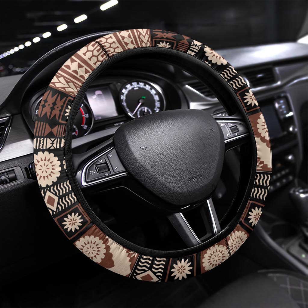 Bula Fiji 679 Steering Wheel Cover Fijian Tagimoucia Masi Tapa Art LT9 Universal Fit Brown - Polynesian Pride