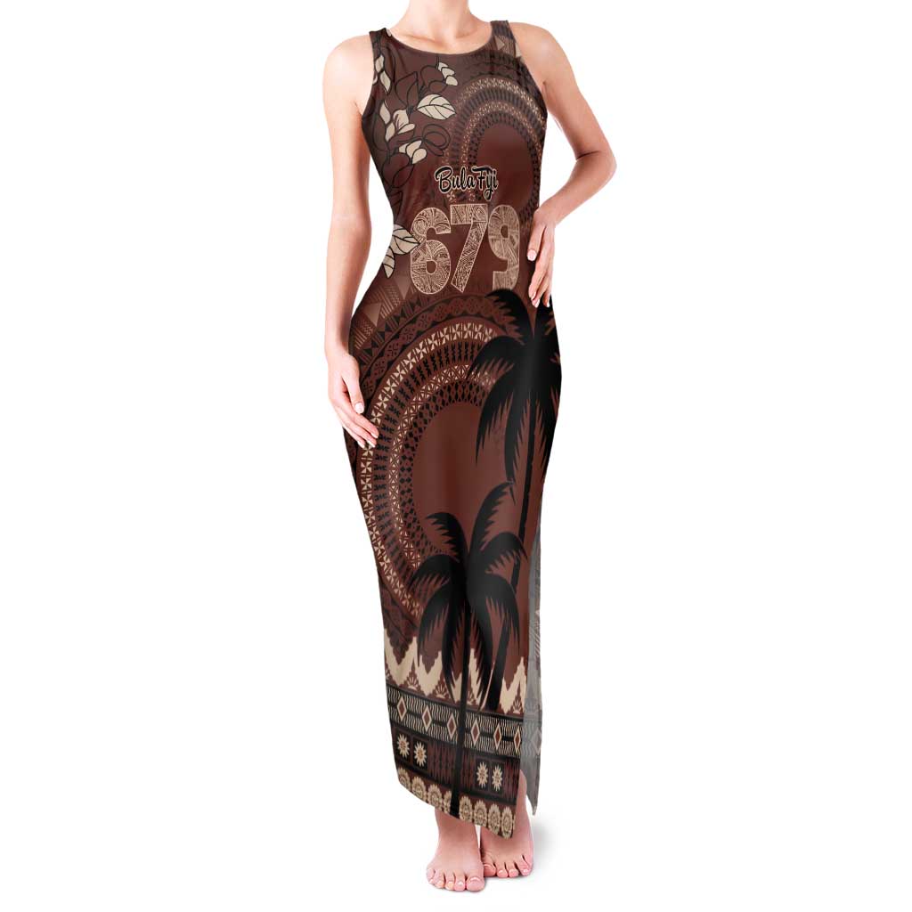 Personalised Bula Fiji 679 Tank Maxi Dress Fijian Tagimoucia Masi Tapa Art LT9 Women Brown - Polynesian Pride