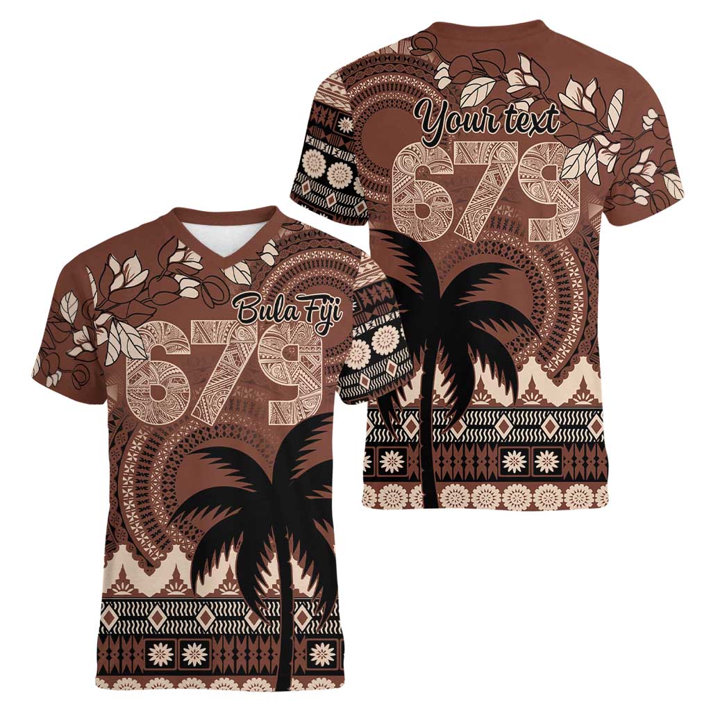 Personalised Bula Fiji 679 Women V-Neck T-Shirt Fijian Tagimoucia Masi Tapa Art LT9 - Polynesian Pride
