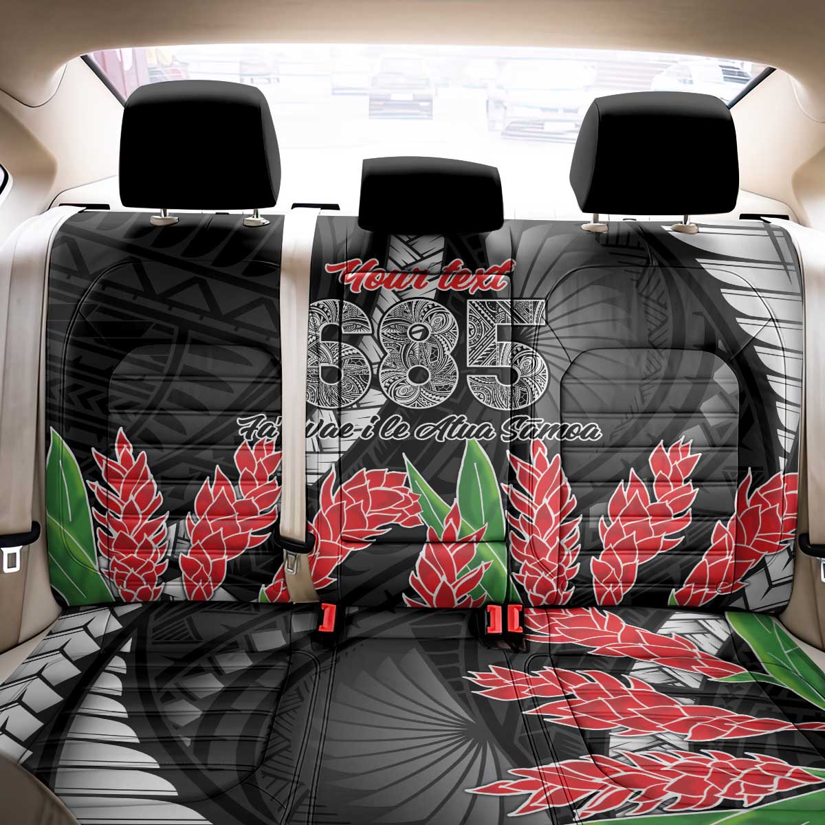 Personalised Samoa 685 Back Car Seat Cover Teuila Flower With Black Samoan Tattoo