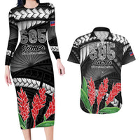 Personalised Samoa 685 Couples Matching Long Sleeve Bodycon Dress and Hawaiian Shirt Teuila Flower With Black Samoan Tattoo LT9 Black - Polynesian Pride