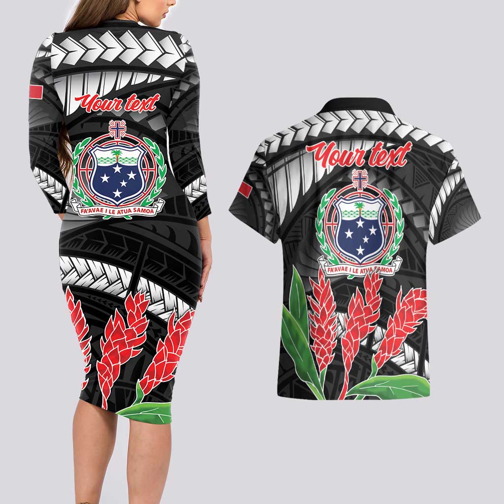 Personalised Samoa 685 Couples Matching Long Sleeve Bodycon Dress and Hawaiian Shirt Teuila Flower With Black Samoan Tattoo LT9 - Polynesian Pride