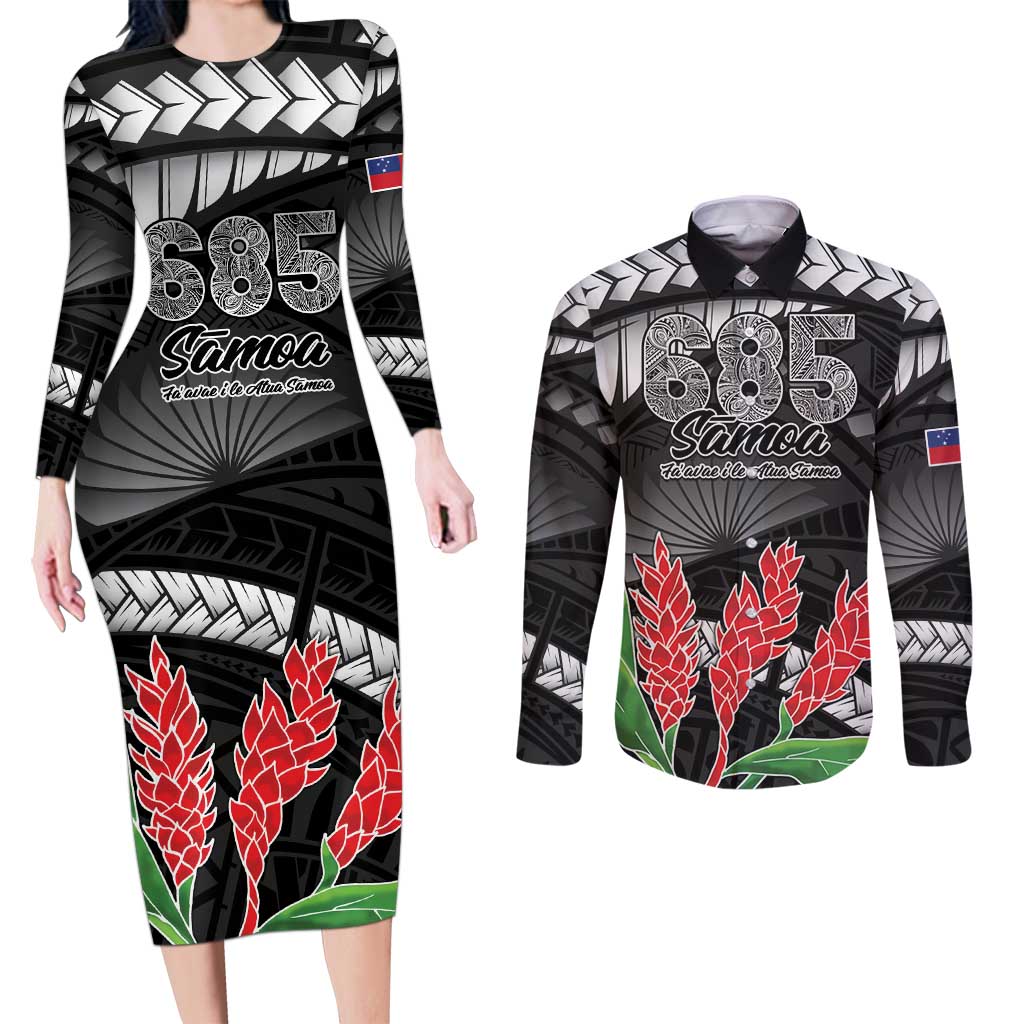 Personalised Samoa 685 Couples Matching Long Sleeve Bodycon Dress and Long Sleeve Button Shirt Teuila Flower With Black Samoan Tattoo LT9 Black - Polynesian Pride