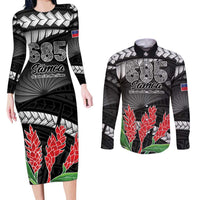 Personalised Samoa 685 Couples Matching Long Sleeve Bodycon Dress and Long Sleeve Button Shirt Teuila Flower With Black Samoan Tattoo LT9 Black - Polynesian Pride